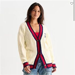 Forever 21 Cream Cable Knit Cardigan with Red and Blue Trim v neck